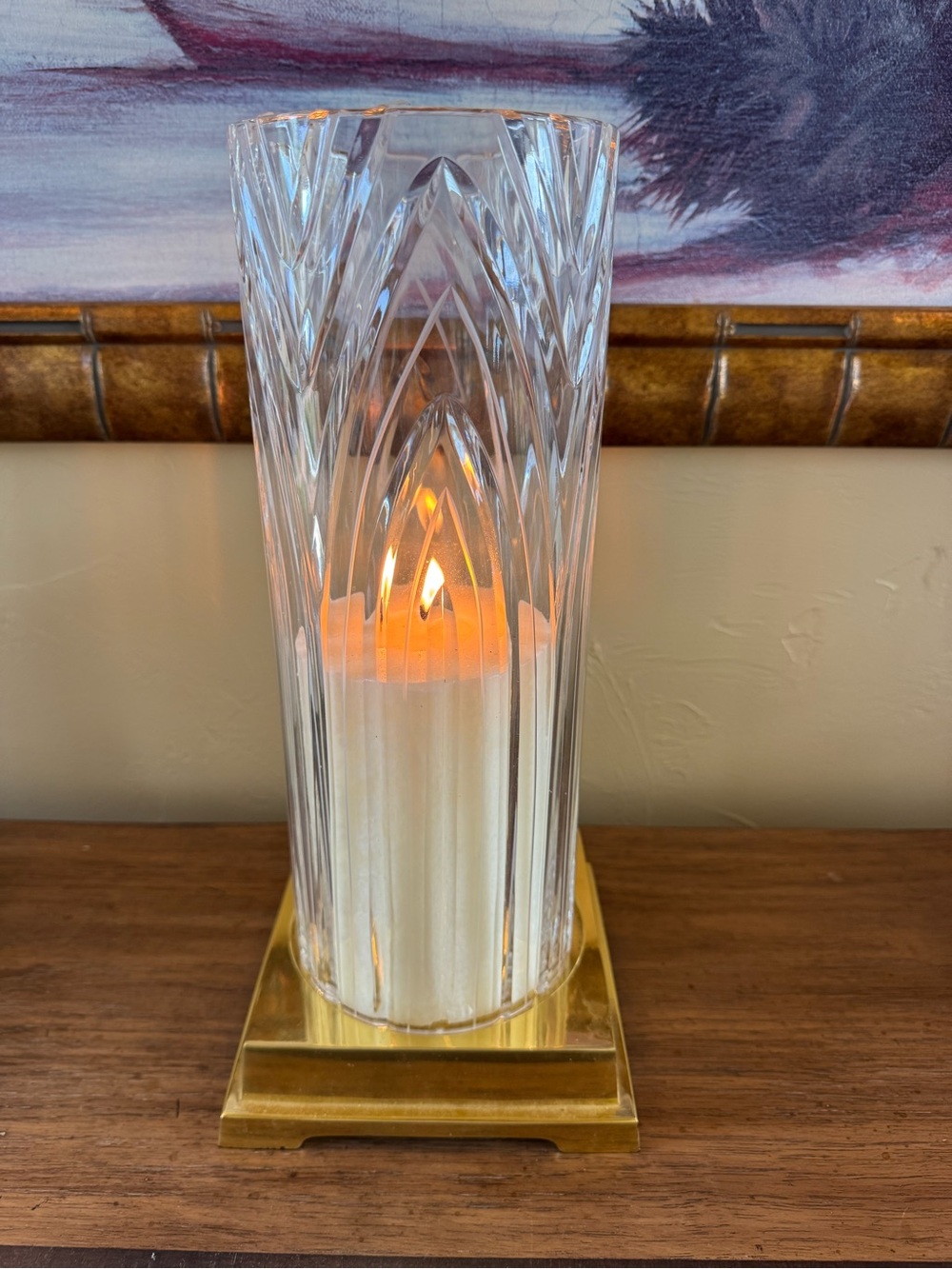 Crystal Cut Glass Hurricane Candle Holder with White LED Candle